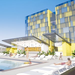 Rendered illustration of a Hotel pool deck with guest relaxing, swimming and enjoying an array of exciting architectural projections against a glass clad building facade