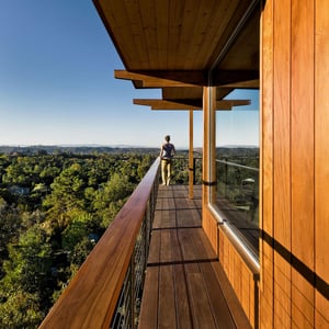 A woman stands at the end of a long linear wood deck of a mid century modern hillside home over looking the California coastline