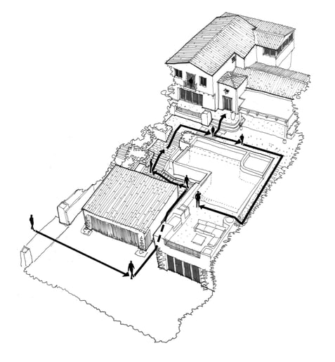 Architectural diagram illustrating the layered organization of a traditional hillside home design with preserved historic elements.