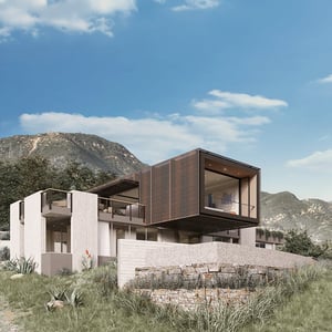 Dramatic architectural hillside residence featuring a fire wise modern cladding system of corten perforated steel.
