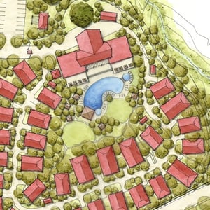 Drawing of Ariel view of a costa rica surf resort 