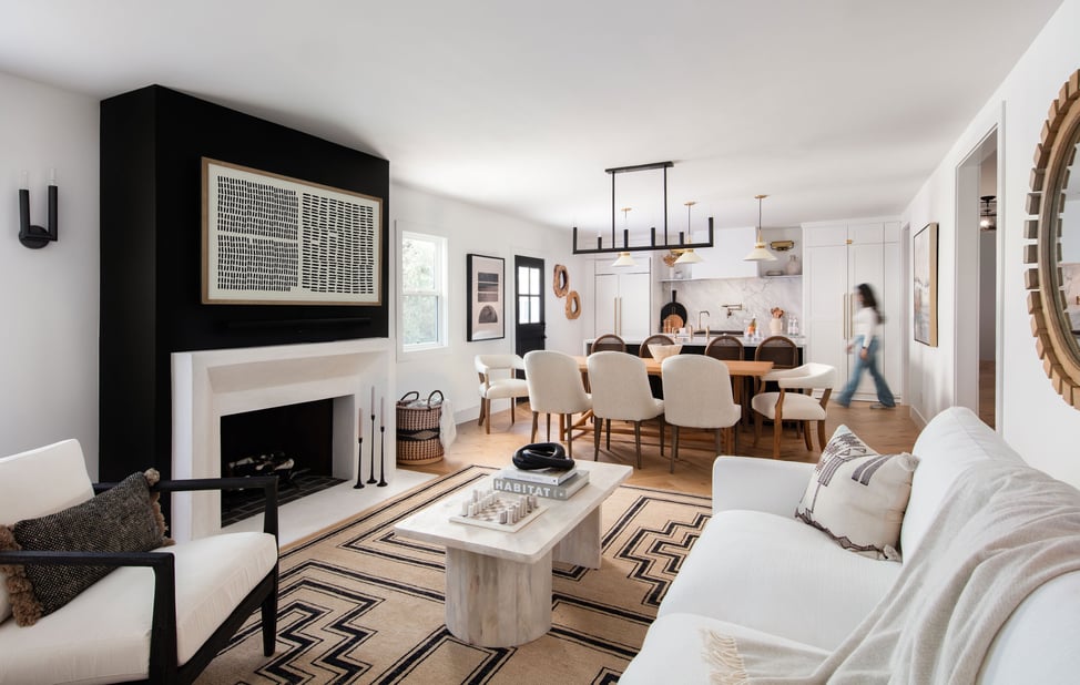 contemporary interior photo of a living room and kitchen