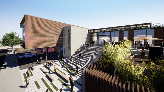 Overhead view of Funk Zone Steps showing integrated public steps and surrounding landscape in an urban planning context.