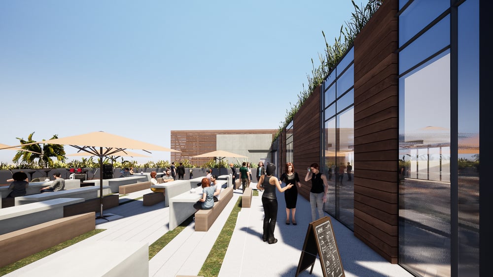 Rooftop courtyard at Funk Zone Steps with pedestrian-friendly layout exemplifies layered public space design in urban planning.