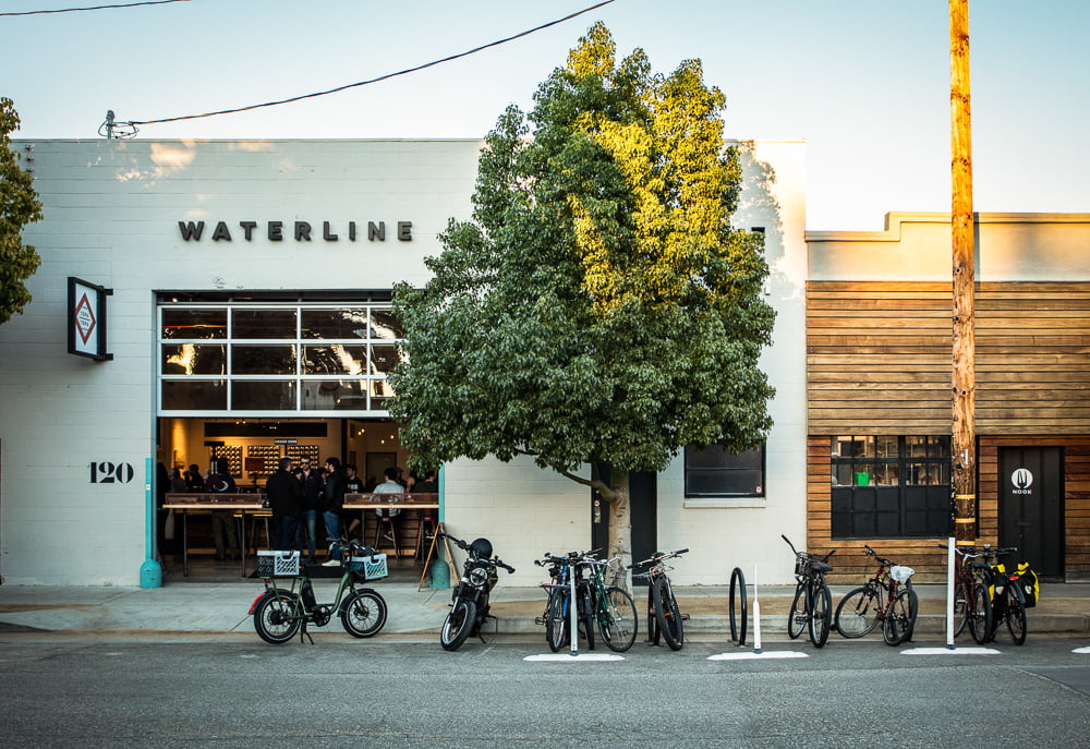 Funk Zone's Waterline building with bike-friendly streetscape reinforces walkable urban planning and community-centered design.