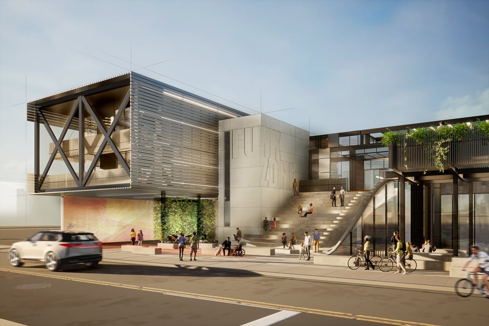 Rendering of Funk Zone Steps showcasing urban planning and elevated public space design along Anacapa Street.