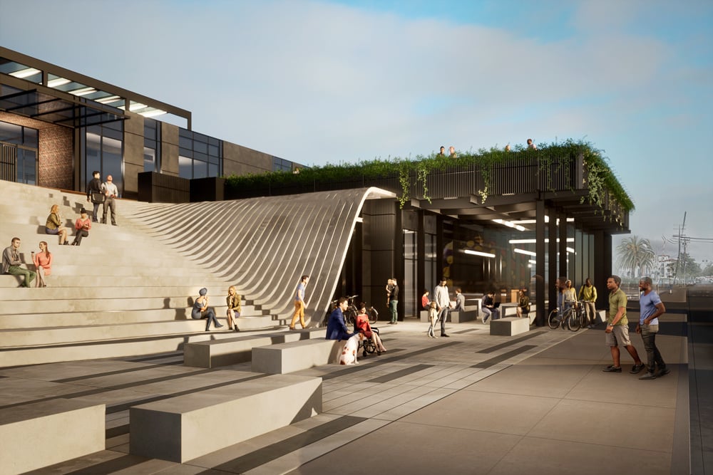 Communal stair seating and shaded gathering areas illustrate thoughtful public space design in an urban mixed-use project.