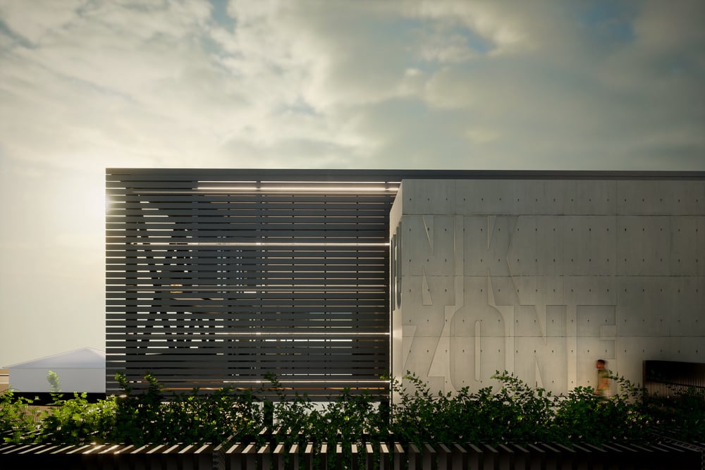 Sunset side view of Funk Zone Steps highlighting minimalist urban planning and architectural branding in public space design.