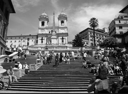 Black and white photo of the Spanish Steps in Rome, a historical reference for public space design inspiration.