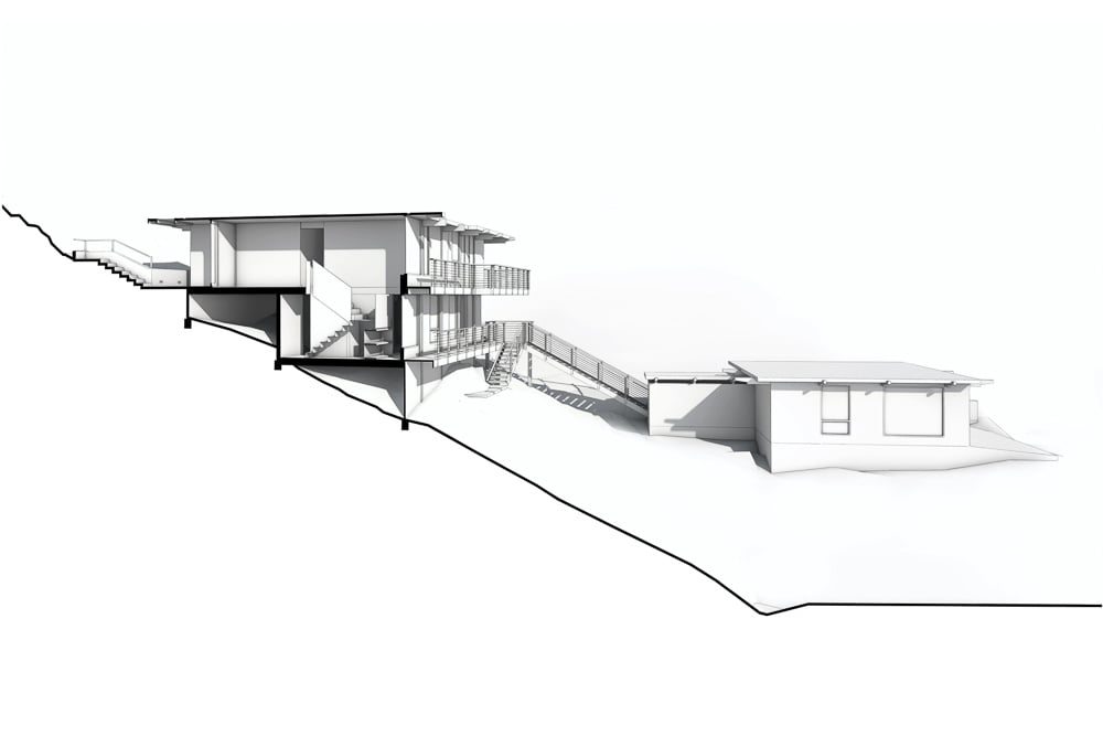 Architectural section drawing of a multi-level mid-century modern home built into a sloped site.