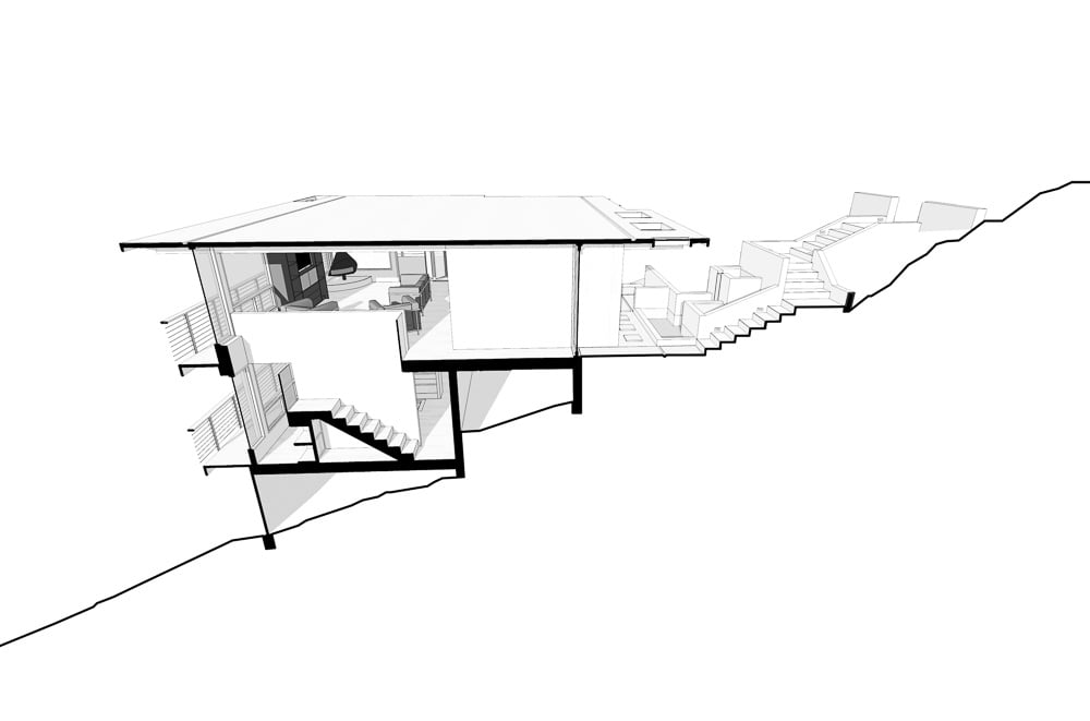 Architectural section drawing of a multi-level mid-century modern home built into a sloped site.