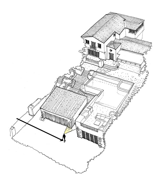 Diagram showing the architectural journey from garage to entry, emphasizing traditional spatial sequencing and historical reference.