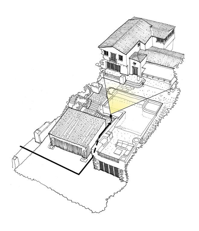 Conceptual drawing showcasing the terraced entry sequence, a key design gesture inspired by traditional home design principles.