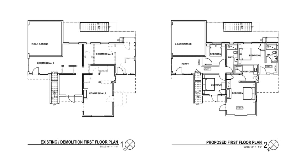 Floor plan showing the original commercial layout prior to the adaptive reuse renovation and Proposed first floor plan illustrating the residential conversion of commercial space into hotel units.