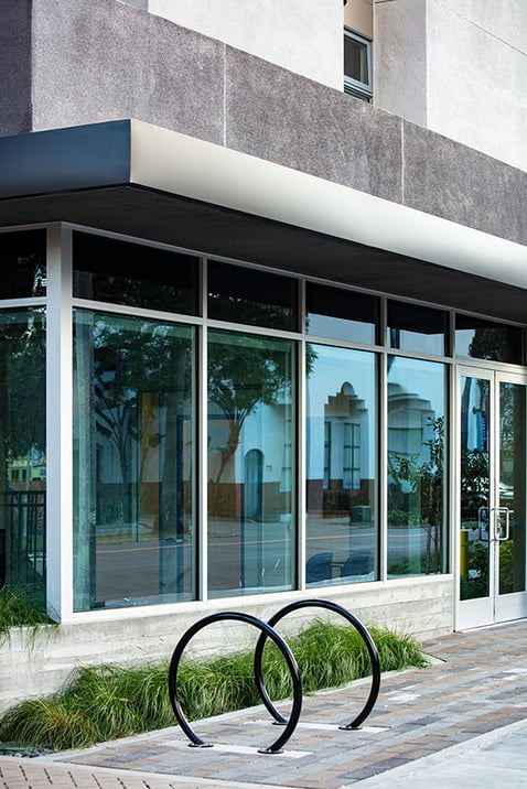 Ground-level view of the retail frontage promoting walkability and pedestrian-friendly urban living.
