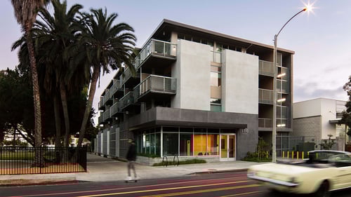 Street view of the Cota Street Mixed-Use development, showcasing AB design studio’s contemporary approach to multifamily housing and urban living in Santa Barbara.
