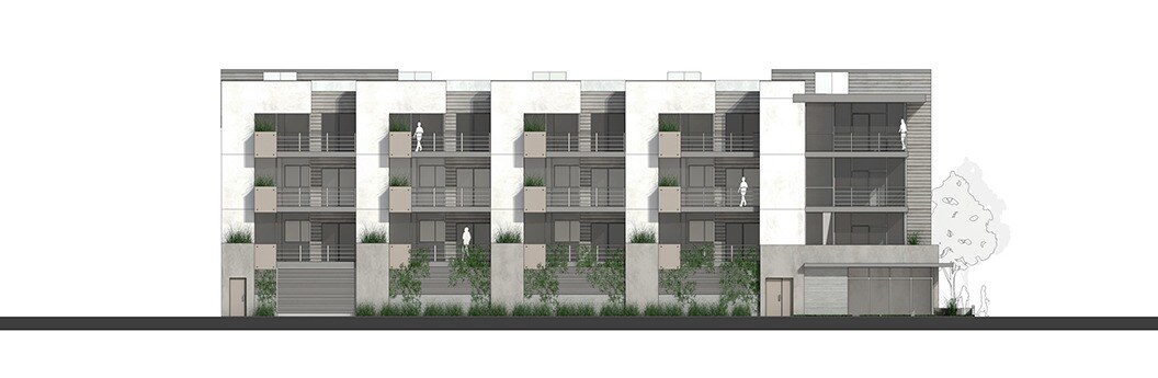Architectural elevation drawing illustrating a balanced blend of traditional form and contemporary urban residential design.