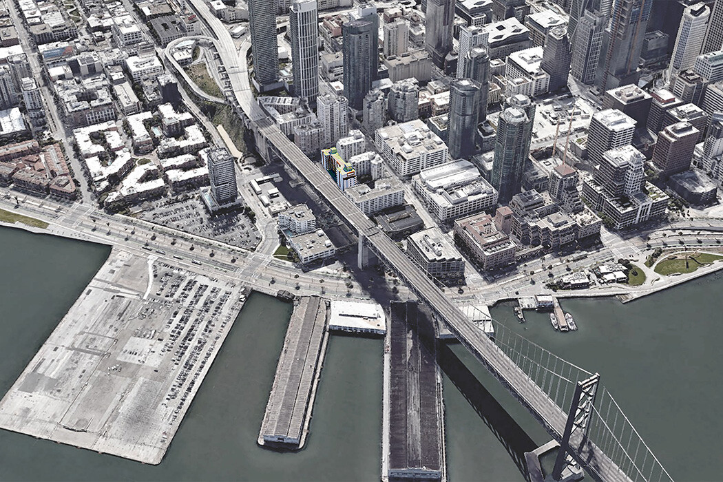 Aerial view of San Francisco highlighting the location of a sustainable multifamily housing concept integrated into a dense urban fabric.