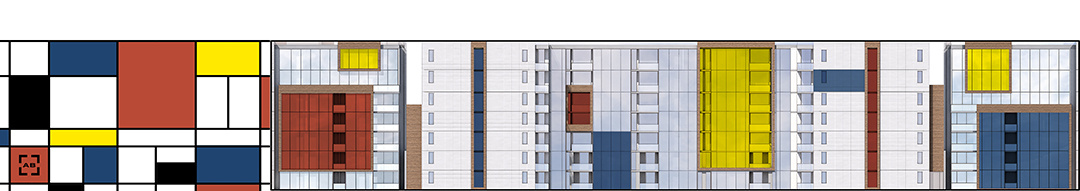 Study showing how the multifamily housing facade uses color blocking and vertical rhythm in homage to Mondrian's sustainable design influence.