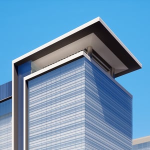 An illustration of a modern hotel tower of glass and steel contrasted in front of a bright blue sky