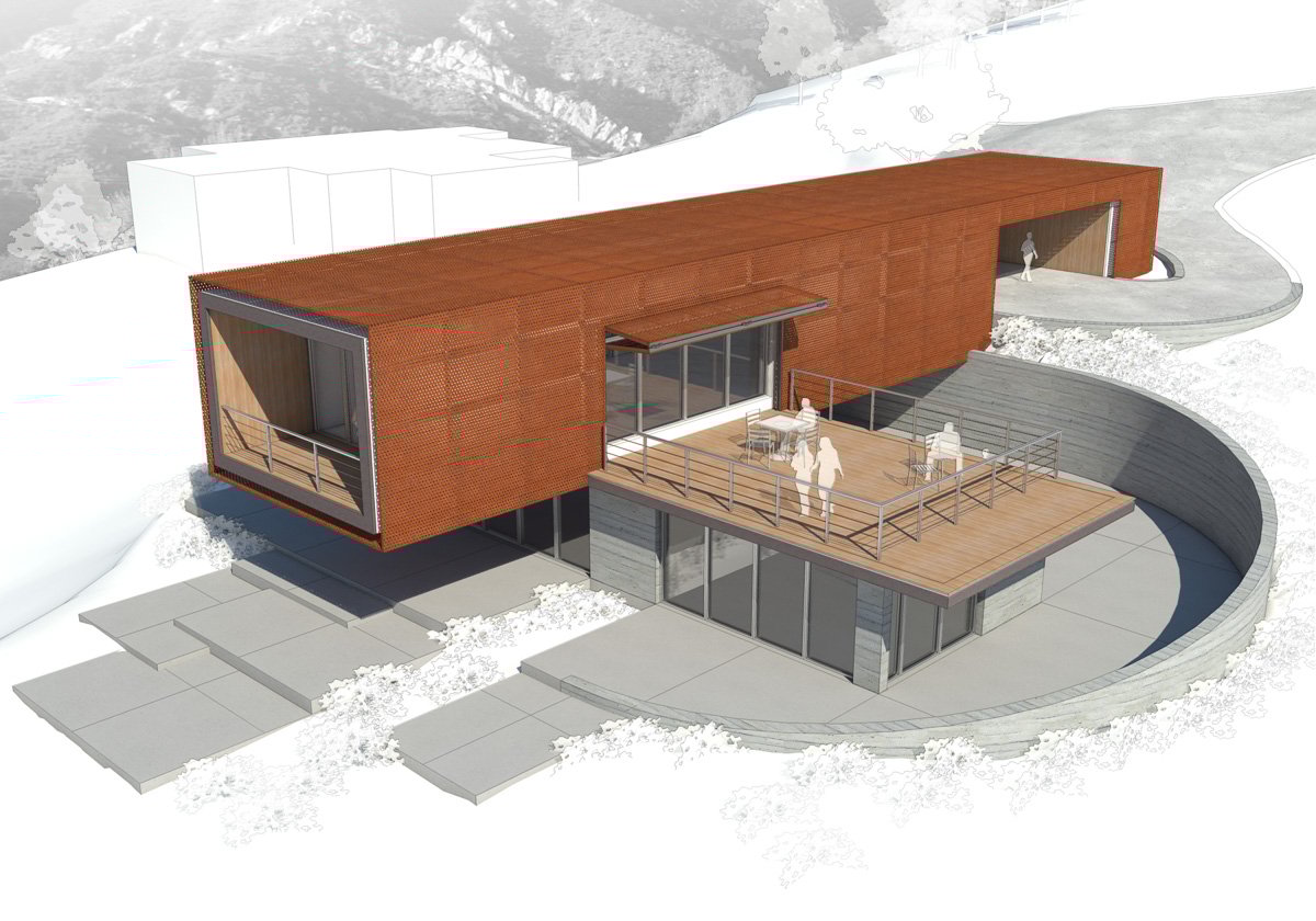Axis House-5-Rendering of side facade with deck from above