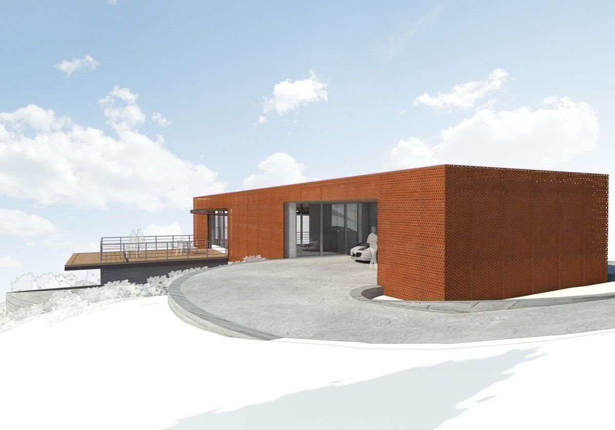 Axis House-9-Rendering of back and side facade showing carport