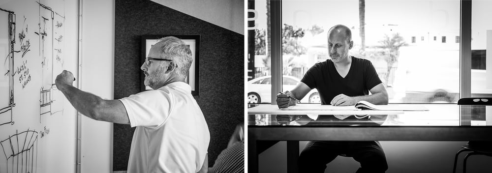 AB design studio co-founders Clay Aurell and Josh Blumer conceptualizing boutique hotel design strategies for adaptive reuse projects.