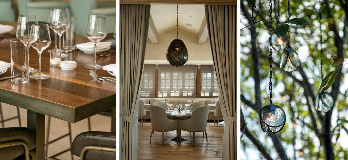 Details of refined restaurant interior design and lighting at Oliver's in Montecito, exemplifying AB design studio’s expertise in restaurant consulting and commercial architecture.