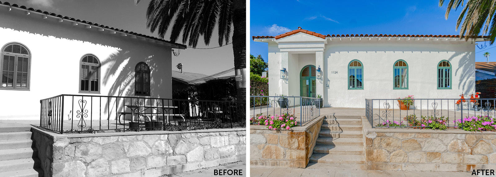 Black and white 'before' photo of the building’s historic façade before adaptive reuse renovation and 'After' photo of the restored façade showcasing the Spanish Revival character of the adaptive reuse hotel project.