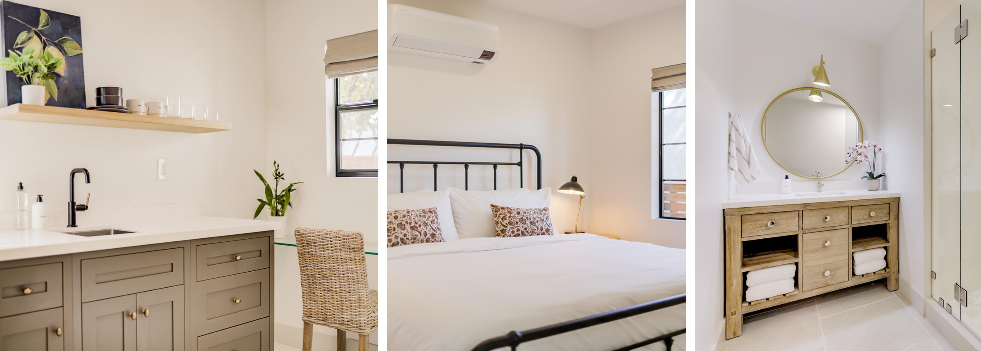 Compact kitchenette with earthy finishes in a hotel unit designed through adaptive reuse, Simple hotel bedroom with contemporary furnishings and adaptive reuse efficiency, and Serene hotel bathroom interior with spa-like finishes and warm wood tones.