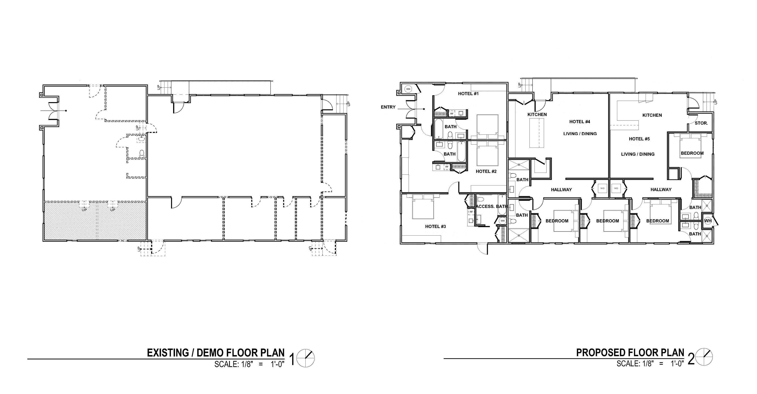 Side-by-side comparison of existing and proposed hotel layouts highlighting adaptive reuse strategy.