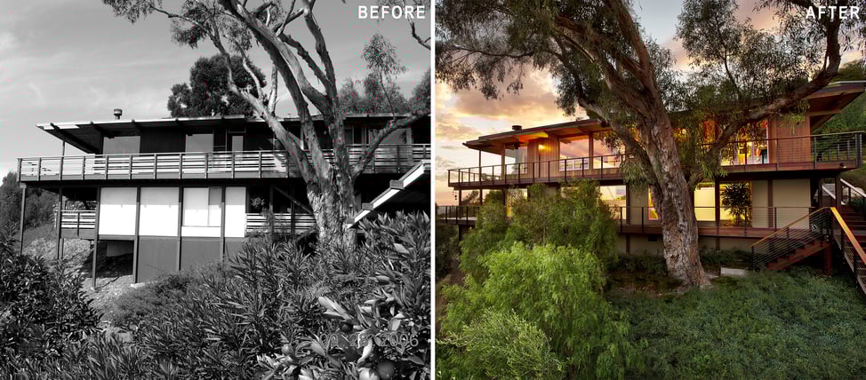 Before-and-after of a modern hillside renovation demonstrating the value of architectural vision in transforming residential real estate.