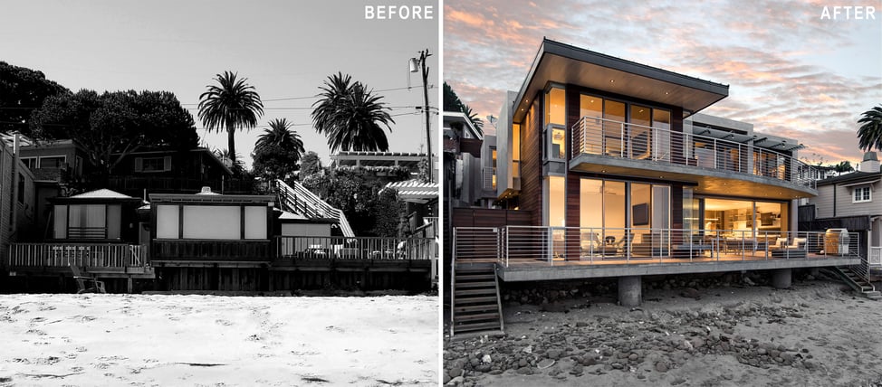 Before-and-after image of a beachfront residential real estate site converted into a striking modern house design.