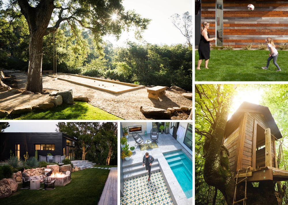 A curated collection of personalized outdoor features—including a bocce court, play lawn, treehouse, firepit lounge, and plunge pool—showcasing how thoughtful modern house design supports the vision and functionality of a forever home.