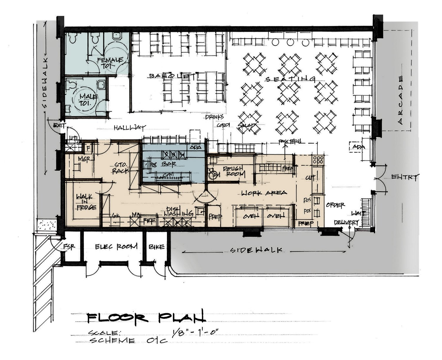 Annotated floor plan for a custom restaurant design featuring kitchen layout, seating zones, and bar configuration.