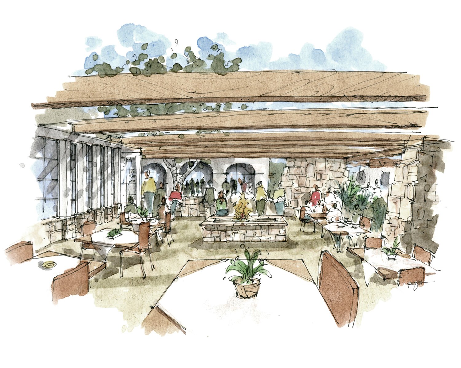 Conceptual sketch by AB design studio illustrating an open-air restaurant dining space with natural stone and timber details.