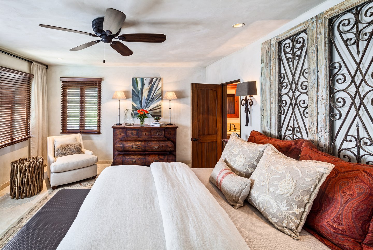 Bedroom interior arrangement with natural wood color scheme. 