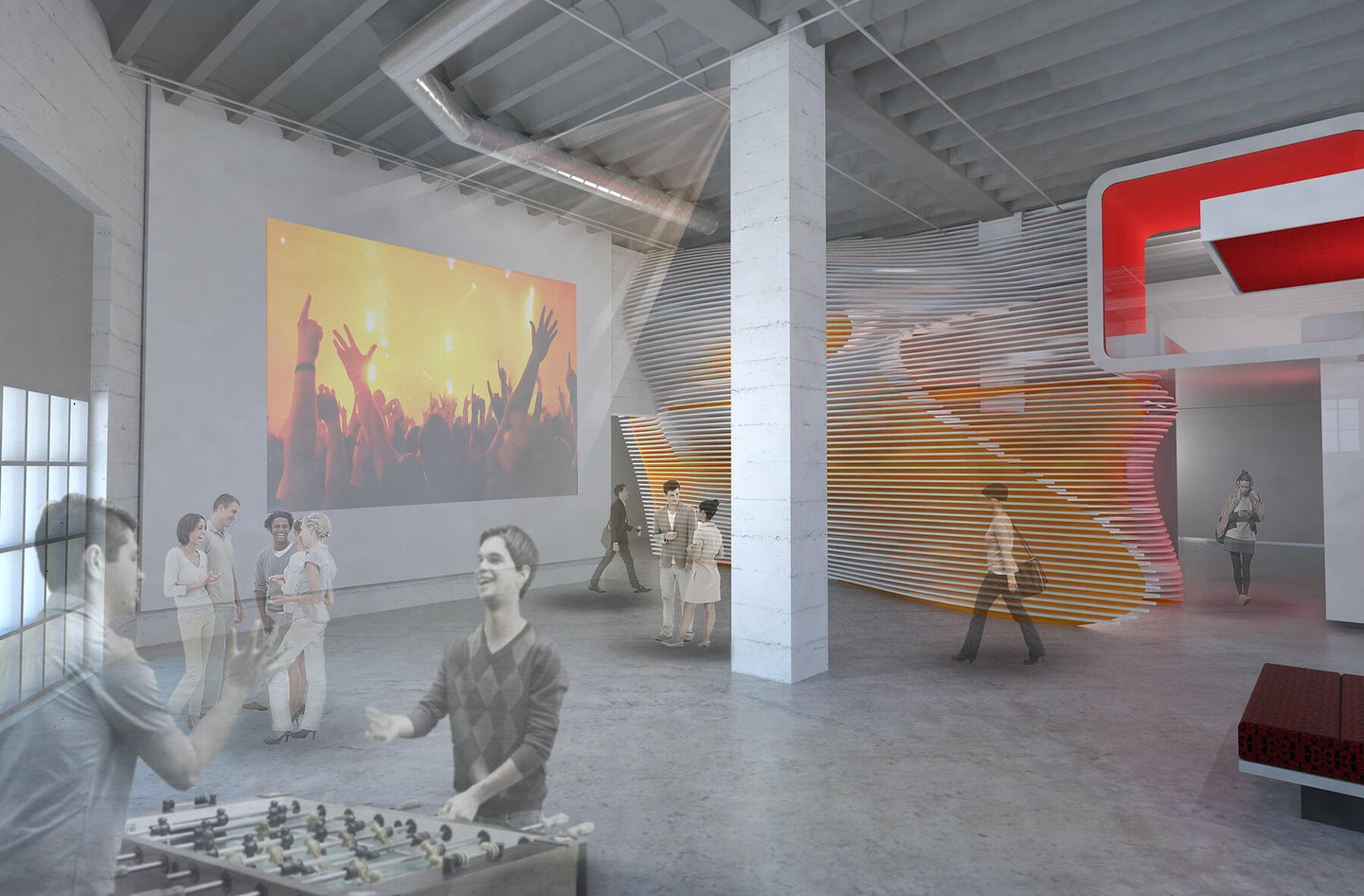 Main open area rendering of SONOS employees walking through or socializing.