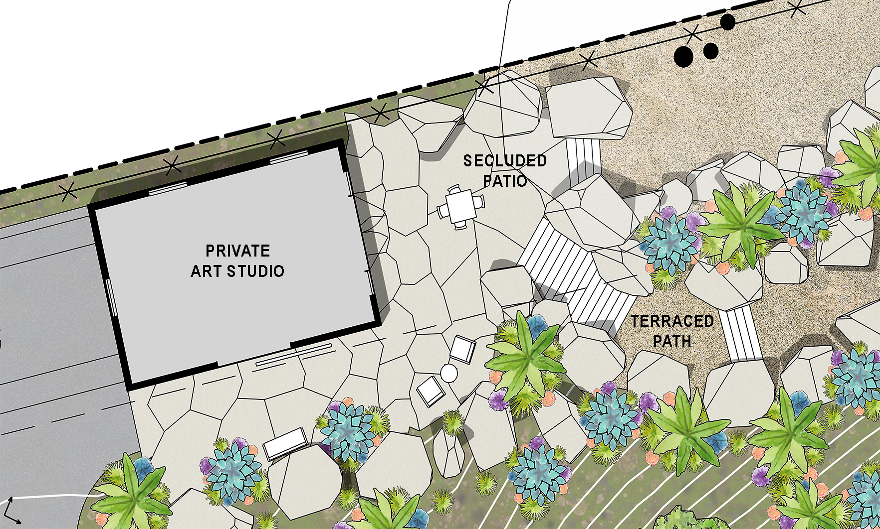 Residential master plan highlighting a private art studio and terraced patio in a modern forever home.