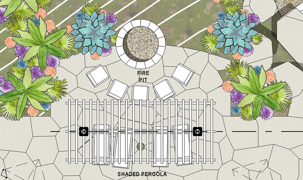 Top-down site plan showing a shaded pergola and fire pit area designed as part of a master-planned modern house design for a forever home.