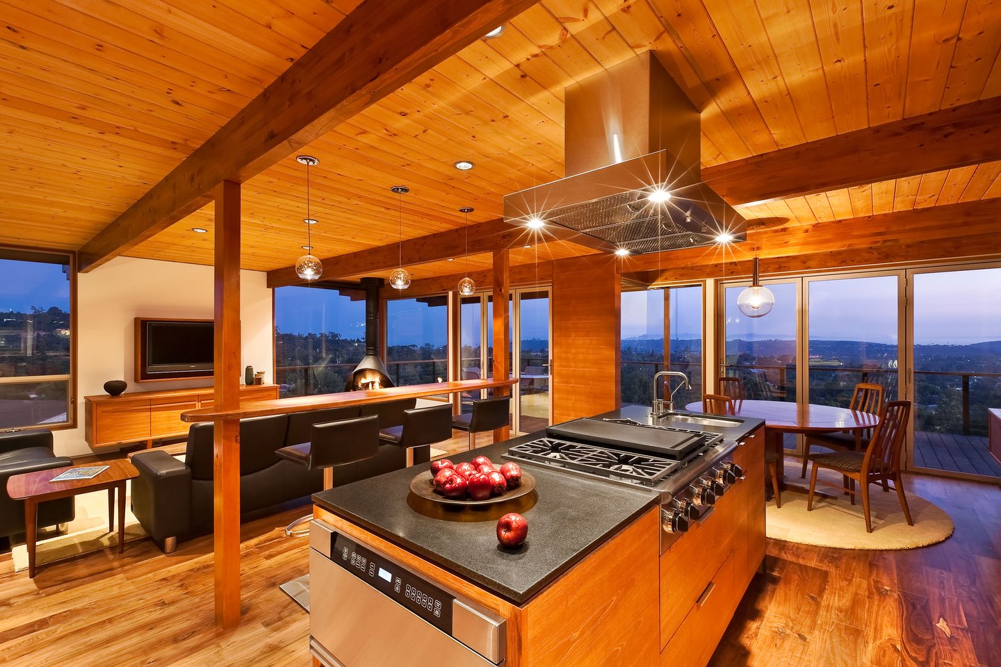 Mid-Century-Modern-Resdence-Santa Barbara_Kitchen toward deck with view at dusk@2x-4