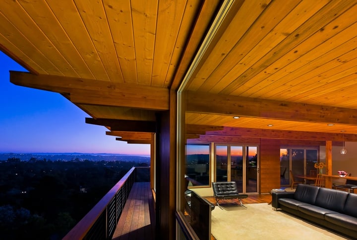 Mid-Century-Modern-Residence-Santa Barbara_Living room and deck with view at sunset@2x-14