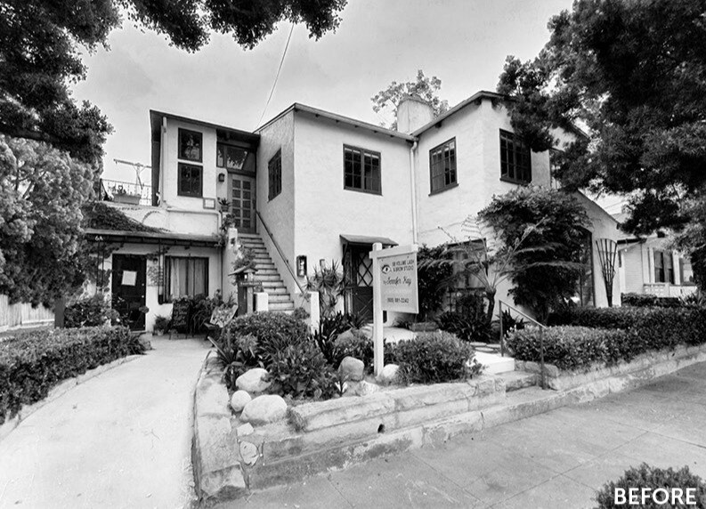 Black and white 'before' image showing the original structure prior to its adaptive reuse into a hotel.