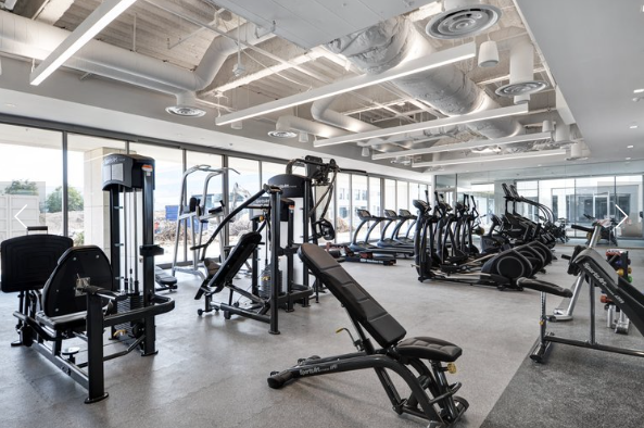 On-campus fitness areas enhance tenant experience through integrated commercial design.