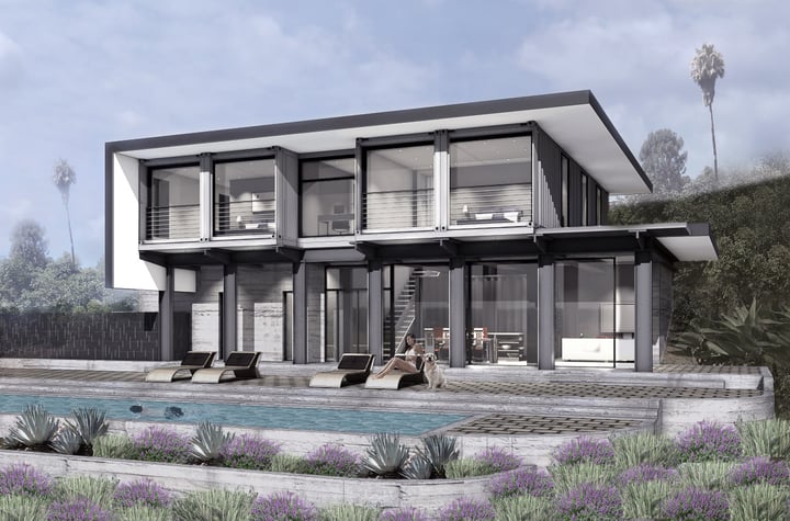 Shipping Container Residence-12a-south elevation rendering over pool