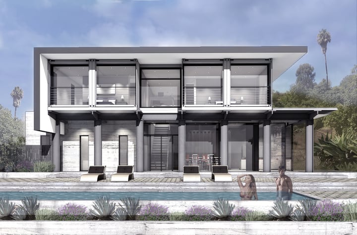 Shipping Container Residence-13a-south elevation rendering over pool