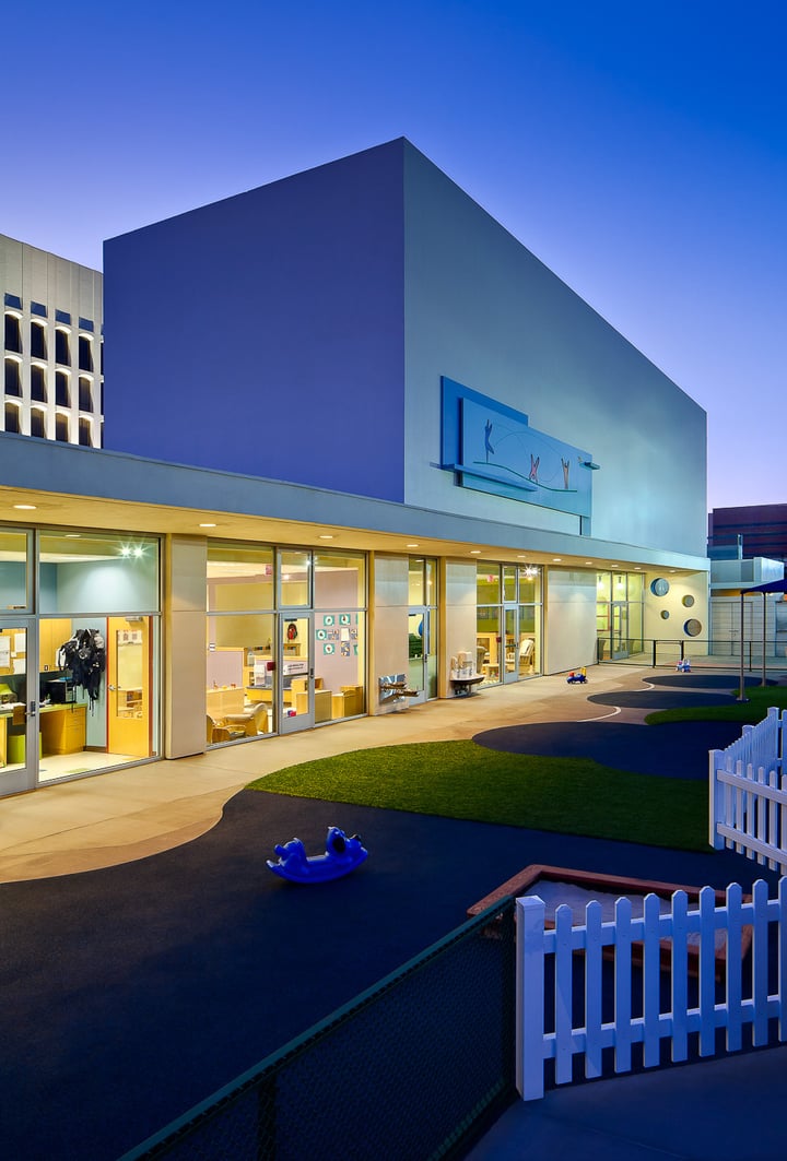 UCLA Child Care Center-@2x-9a-Front entrance and outdoor play area at dusk vertical
