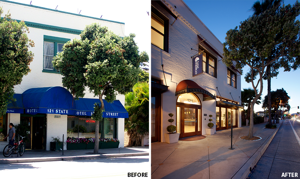 Exterior renovation of Hotel Indigo Santa Barbara, demonstrating the transformation of a historic building through boutique hotel design.