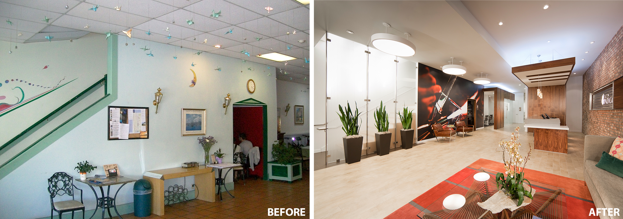 Side-by-side before-and-after transformation of Hotel Indigo lobby, highlighting boutique hotel design and hospitality renovation impact.