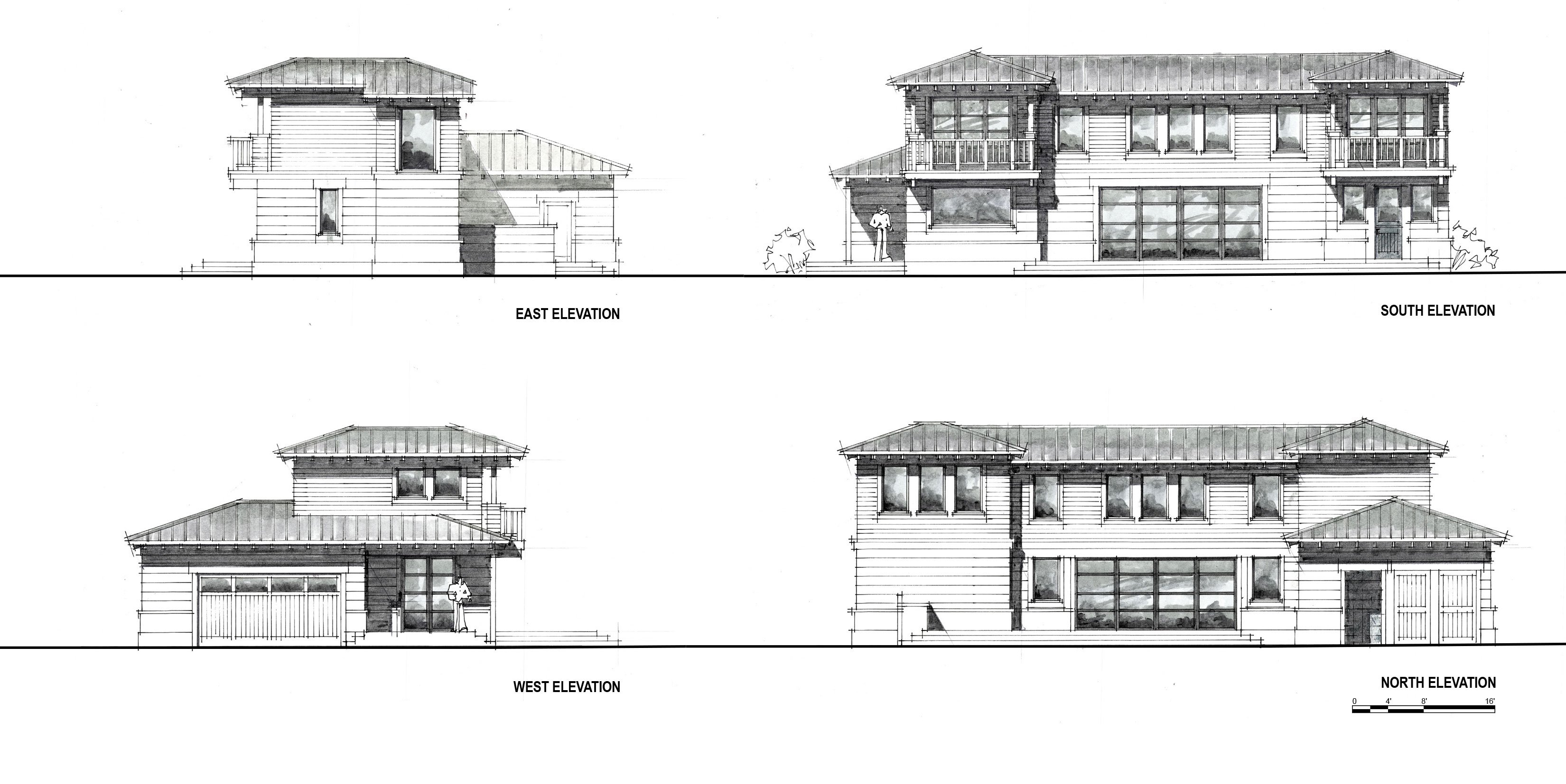 Architectural elevations of a traditional two story house design including east, west, north, and south views.